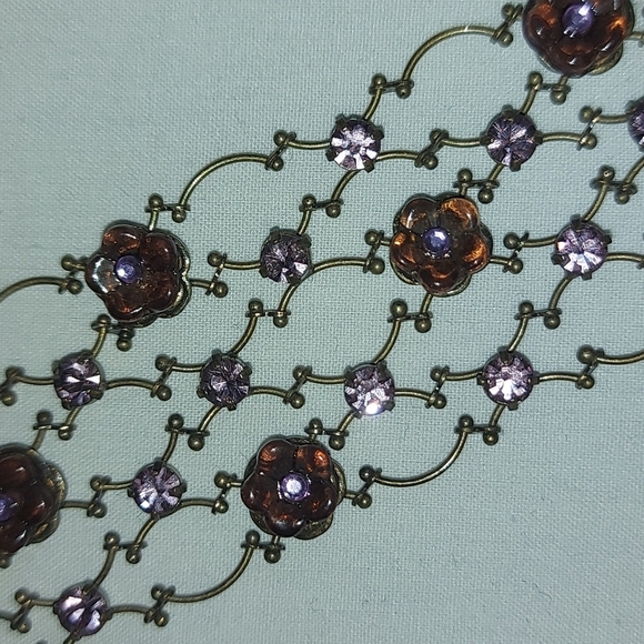 Vintage Purple Stone Flower and Rhinestone Filigree Chain Bracelet - Picture 1 of 7